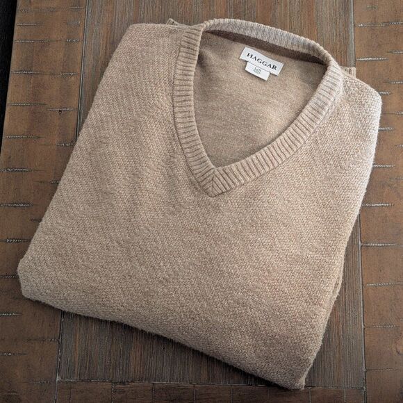 Haggar Men's Tan V-Neck Classic Knit Pullover Casual Sweater Size Large - Picture 1 of 10